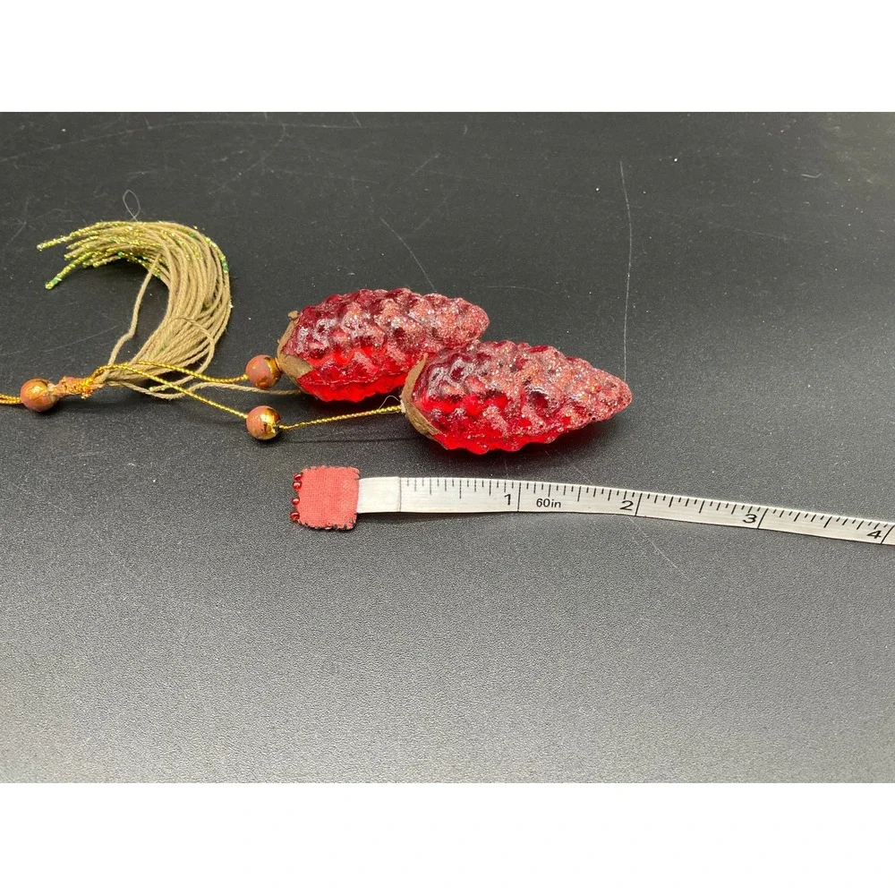 Vintage MCM Red Glitter‎ Pinecone Christmas Ornament with Tassel Gold Japan
